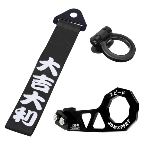 JDM Sports Tow Strap Racing Tow Strap with Chinese Slogan + Front Tow Hook Kit + Rear Tow Towing Hook Universal for Car (Good Luck & All The Best)