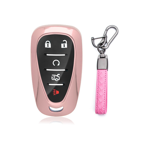 TPU Key Fob Shell Full Cover Case w/ Keychain, Compatible with Chevrolet Camaro Malibu Impala Cruze Volt Bolt Equinox Tahoe Traverse 3/4/5 Buttons Key