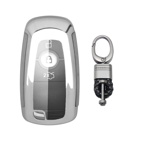 Silver TPU Key Fob Shell Full Cover Case w/Keychain, Compatible with Ford Edge