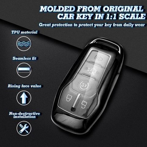 Black Soft TPU Key Fob Shell Skin Cover w/Keychain, Compatible with Ford Fusion