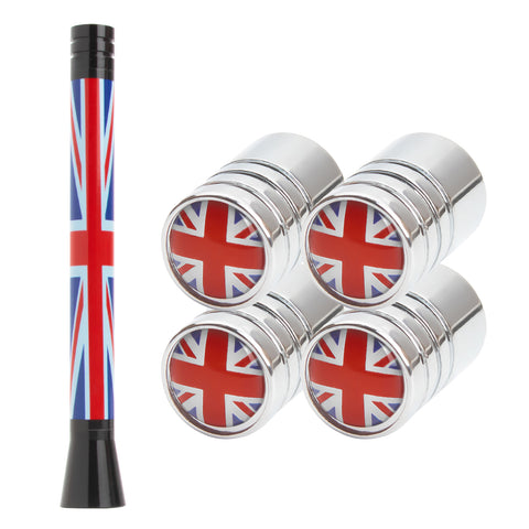 Set Union Jack Antenna w/Chrome Tire Valve Stem Caps Dust Cover For Mini Cooper