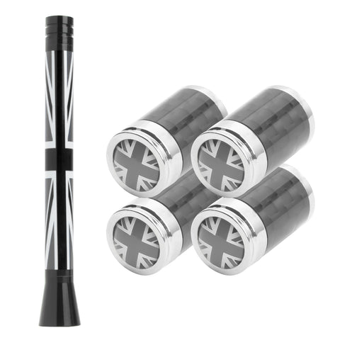 Set Union Jack Antenna w/Chrome Tire Valve Stem Caps Dust Cover For Mini Cooper