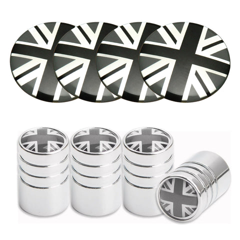 Set Black Union Jack Car Wheel Center Cap + Tire Valve Stem Caps For Mini Cooper