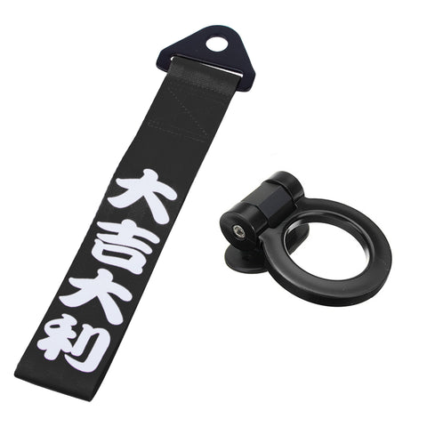 Sports Blue Racing Tow Strap Trailer Belt Personalized with Chinese Slogan + Front Tow Hook Kit Car Decoration Universal Fit (Good Luck & All The Best)