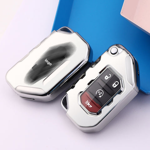 Silver TPU Remote Folding Key Cover Case Protector Skin For Jeep Wrangler 2018-2021