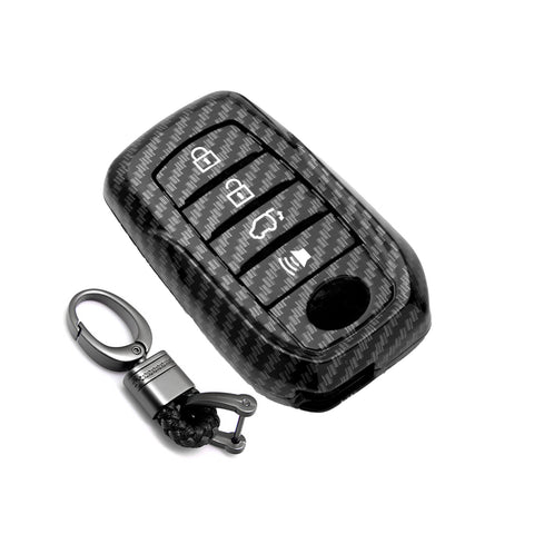 Glossy Black Carbon Fiber Pattern ABS Key Fob Shell Cover Case w/Keychain, Compatible with Toyota Land Cruiser, 4Runner Hignlander, Rav4
