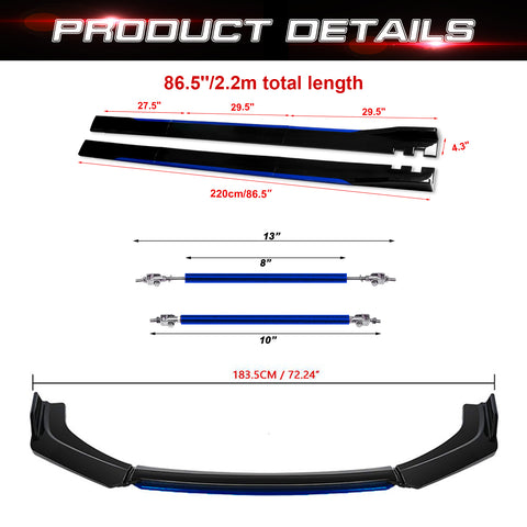 Front Bumper Lip Chin Spoiler+ 2.2M Side Skirt Winglets Diffusers+ Adjustable 10"-13" Support Rod Compatible with Honda Accord Civic or VW MK5 MK6 MK7 or Kia Optima, Glossy Black w/Blue