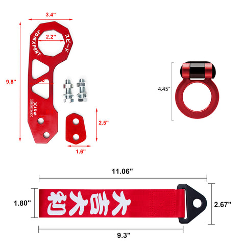 JDM Sports Tow Strap Racing Tow Strap with Chinese Slogan + Front Tow Hook Kit + Rear Tow Towing Hook Universal for Car (Good Luck & All The Best)