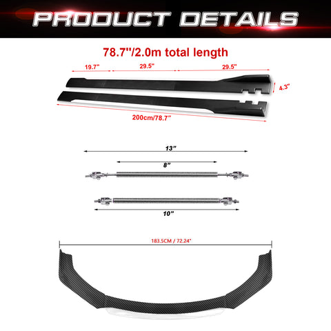 Front Bumper Lip Chin Spoiler+ 2M Side Skirt Winglets Diffusers+ Adjustable 10"-13" Support Rod Compatible with Honda Accord Civic or VW MK5 MK6 MK7 or Kia Optima, Carbon Fiber w/White