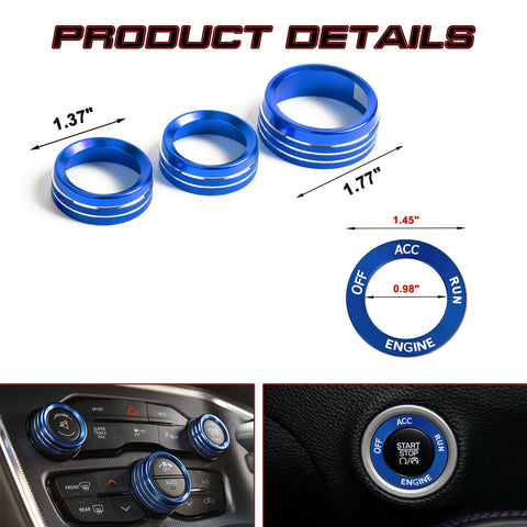 Engine Start Button AC Radio Switch Knob Ring Cover For Dodge Charger Challenger
