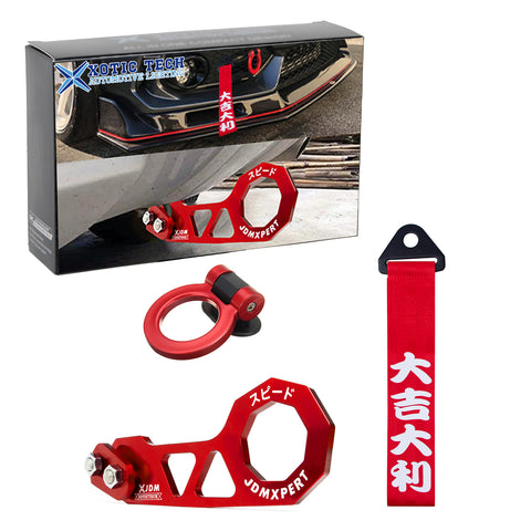 JDM Sports Tow Strap Racing Tow Strap with Chinese Slogan + Front Tow Hook Kit + Rear Tow Towing Hook Universal for Car (Good Luck & All The Best)