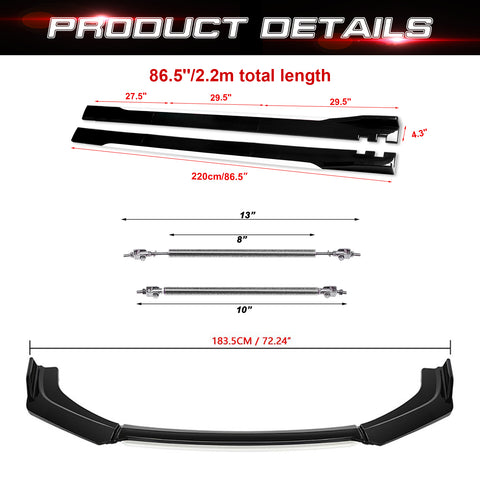Front Bumper Lip Chin Spoiler+ 2.2M Side Skirt Winglets Diffusers+ Adjustable 10"-13" Support Rod Compatible with Honda Accord Civic or VW MK5 MK6 MK7 or Kia Optima, Glossy Black w/White