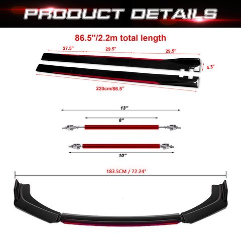 Front Bumper Lip Chin Spoiler+ 2.2M Side Skirt Winglets Diffusers+ Adjustable 10"-13" Support Rod Compatible with Honda Accord Civic or VW MK5 MK6 MK7 or Kia Optima, Glossy Black w/Red