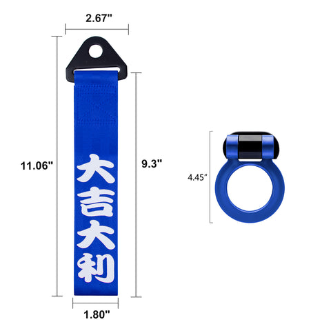 Sports Blue Racing Tow Strap Trailer Belt Personalized with Chinese Slogan + Front Tow Hook Kit Car Decoration Universal Fit (Good Luck & All The Best)