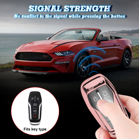Rose Gold TPU Key Fob Shell Full Cover Case w/Keychain, Compatible with Ford Fusion Mustang