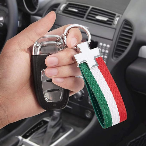 1x Flag Stripe Nylon Band w/ Inner Leather Key Fob Chain Keychain Ring For Audi BMW Mercedes Porsche etc Germany/M-colored/Italian Flag