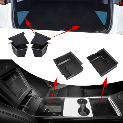 Interior ABS Center Console Armrest Hidden Cubby Drawer Storage Box + Rear Trunk Side Grocery Bin Organizer Protector Packet w/Lid Combo Kit Compatible with Tesla Model Y 5 Seater 2021