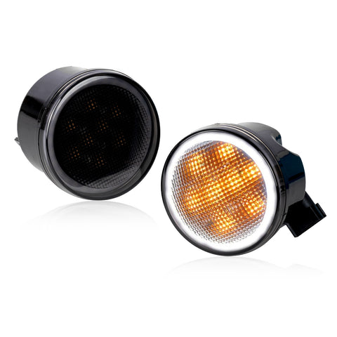 x xotic tech Smoked Lens Turn Signal Lights White Halo Ring DRL Amber LED Front Grill Indicator Parking Lights Lamp Assembly Replacement Compatible with Jeep Wrangler JK JKU 2007-2018