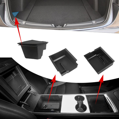Interior ABS Center Console Armrest Hidden Cubby Drawer Storage Box + Rear Trunk Left Side Grocery Bin Box Organizer Protector Packet w/Lid Combo Kit Compatible with Tesla Model 3 2021-2023