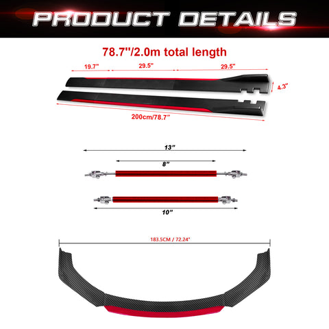 Front Bumper Lip Chin Spoiler+ 2M Side Skirt Winglets Diffusers+ Adjustable 10"-13" Support Rod Compatible with Honda Accord Civic or VW MK5 MK6 MK7 or Kia Optima, Carbon Fiber w/Red
