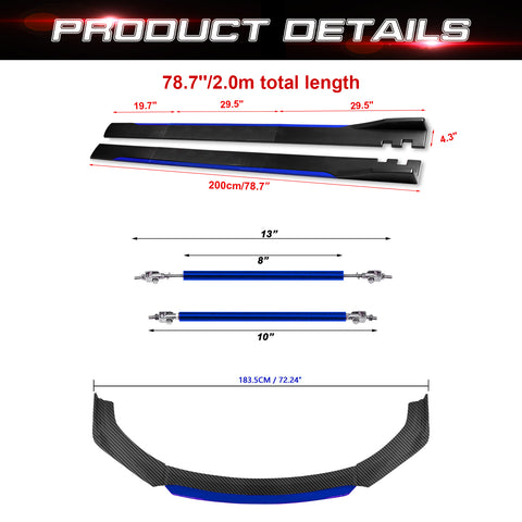 Front Bumper Lip Chin Spoiler+ 2M Side Skirt Winglets Diffusers+ Adjustable 10"-13" Support Rod Compatible with Honda Accord Civic or VW MK5 MK6 MK7 or Kia Optima, Carbon Fiber w/Blue