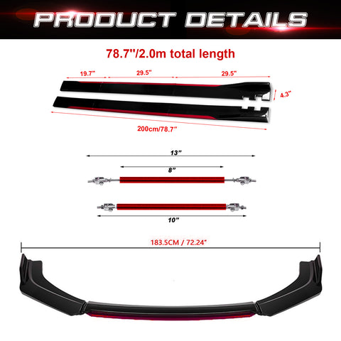 Front Bumper Lip Chin Spoiler+ 2M Side Skirt Winglets Diffusers+ Adjustable 10"-13" Support Rod Compatible with Honda Accord Civic or VW MK5 MK6 MK7 or Kia Optima, Glossy Black w/Red