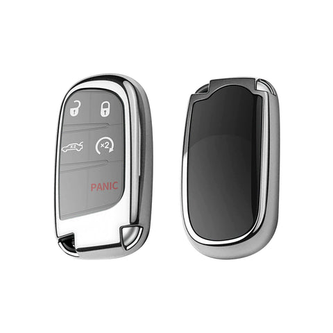 1x Glossy Silver TPU Keyless Remote FOB Shell Case W/ Black Keychain for Jeep Dodge Chrysler