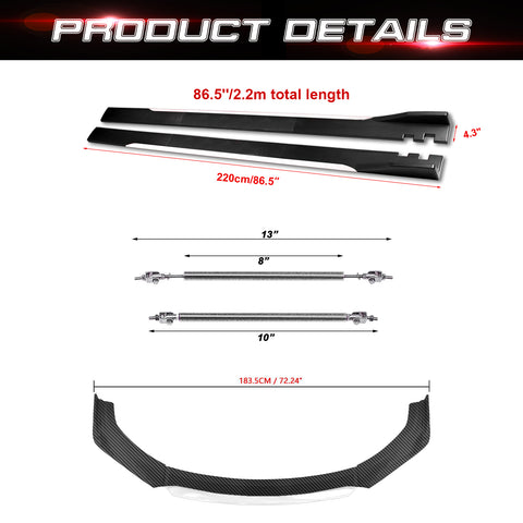 Front Bumper Lip Chin Spoiler+ 2.2M Side Skirt Winglets Diffusers+ Adjustable 10"-13" Support Rod Compatible with Honda Accord Civic or VW MK5 MK6 MK7 or Kia Optima, Carbon FIber w/White