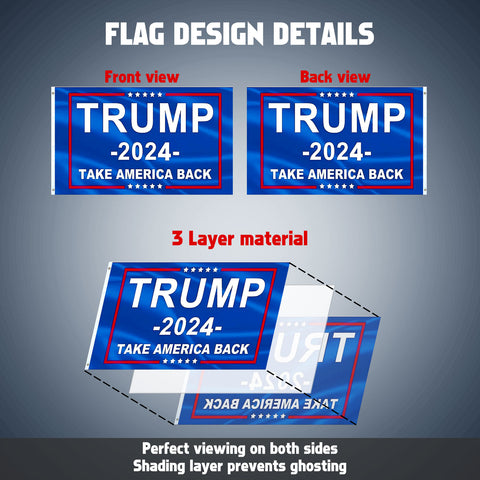Trump 2024 Flag, Double Sided 3 Ply Take America Back Flag 3x5FT Polyester with Durable Canvas Header and 2 Brass Grommets for Indoor Outdoor Decoration w/Wristbands Set for Supporters Fans