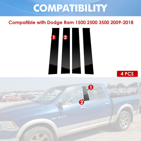 Black Window Pillar Posts Door Trim Piano Cover Kit For Dodge Ram 1500 2009-2018