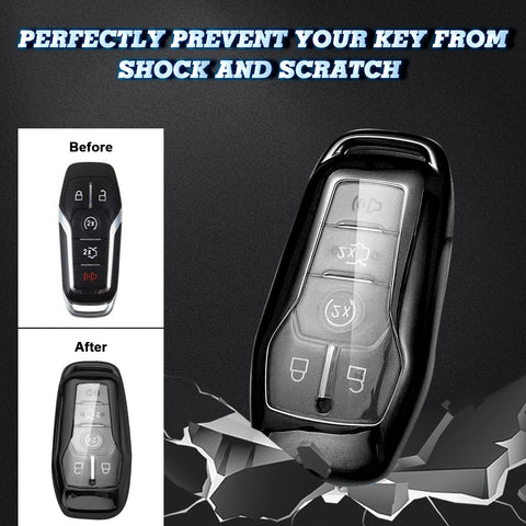 Black Soft TPU Key Fob Shell Skin Cover w/Keychain, Compatible with Ford Fusion