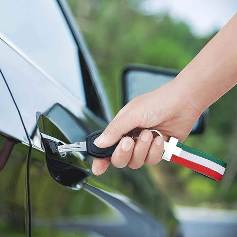 1x Flag Stripe Nylon Band w/ Inner Leather Key Fob Chain Keychain Ring For Audi BMW Mercedes Porsche etc Germany/M-colored/Italian Flag