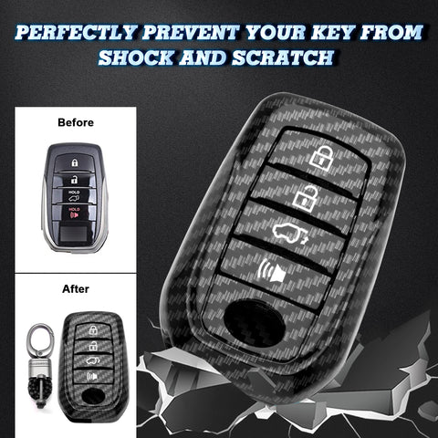 Glossy Black Carbon Fiber Pattern ABS Key Fob Shell Cover Case w/Keychain, Compatible with Toyota Land Cruiser, 4Runner Hignlander, Rav4