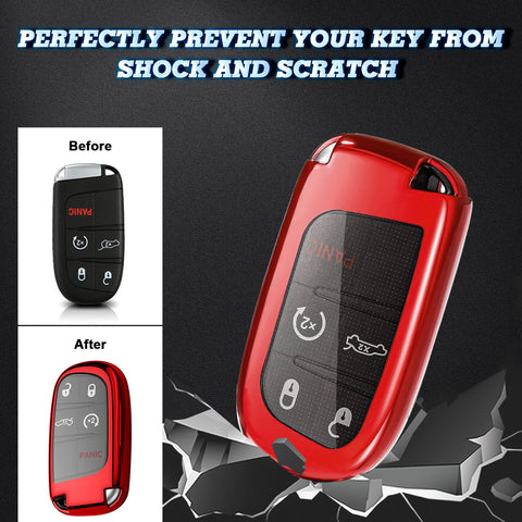 1x Glossy Red TPU Smart Key Remote Keyless FOB Shell Case W/ Red Keychain For Jeep Dodge Chrysler