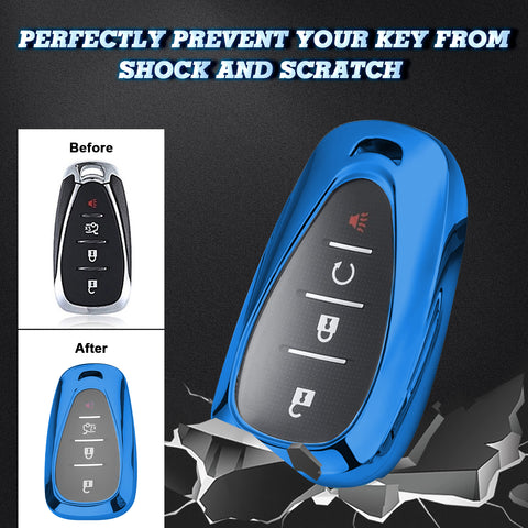 TPU Key Fob Shell Full Cover Case w/ Keychain, Compatible with Chevrolet Camaro Malibu Impala Cruze Volt Bolt Equinox Tahoe Traverse 3/4/5 Buttons Key