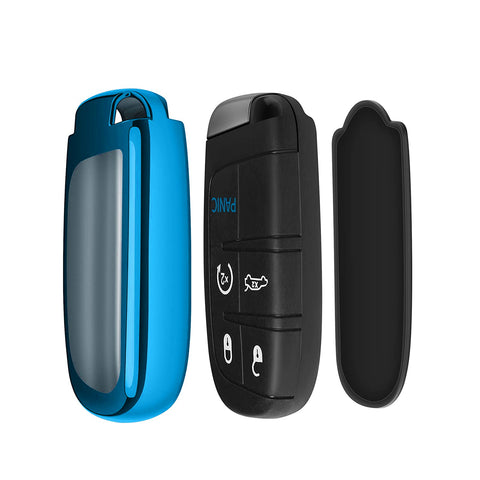 Glossy Blue TPU Keyless Remote FOB Case + Braided Keychain For Jeep Chrysler Dodge