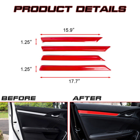 Glossy Red Window Switch Door Handle Bowl Panel Decor Trim For Honda Civic 16-21