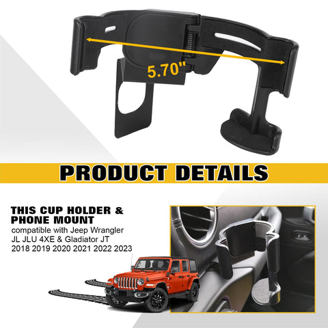 x xotic tech Multi-Function Drink Cup Phone Holder, 2 in 1 Bolt-on Cellphone Mount Stand Support Bracket Compatible with Jeep Wrangler JL JLU 4XE & Gladiator JT 2018-2023