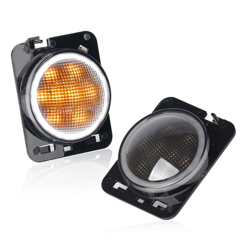 x xotic tech Smoked Lens Turn Signal Lights White Halo Ring DRL Amber LED Front Grill Indicator Parking Lights Lamp Assembly Replacement Compatible with Jeep Wrangler JK JKU 2007-2018