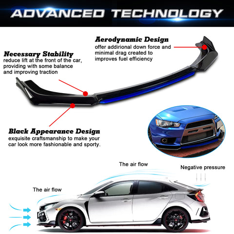 Front Bumper Lip Chin Spoiler+ 2.2M Side Skirt Winglets Diffusers+ Adjustable 10"-13" Support Rod Compatible with Honda Accord Civic or VW MK5 MK6 MK7 or Kia Optima, Glossy Black w/Blue