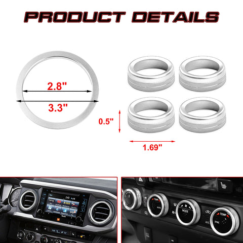 Silver AC Knob Control + Air Vent Outlet Ring Combo Trim For Toyota Tacoma 2016+