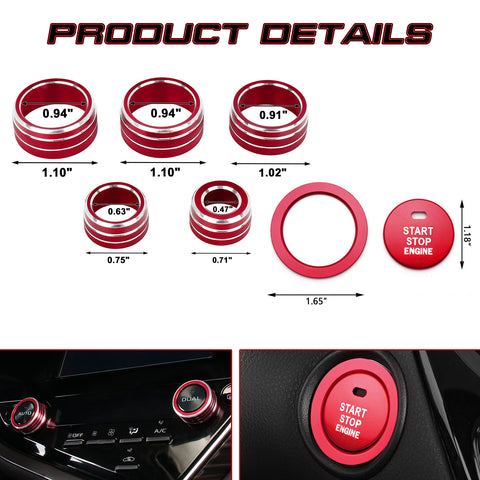 Red AC Radio Volume Rear Mirror + Engine Start Button Cover For Camry 2018-2020