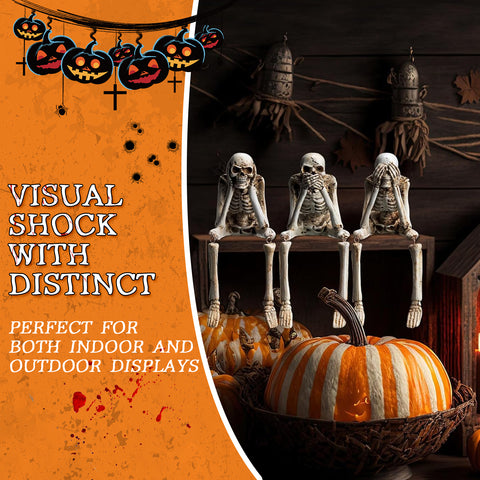 Set of 3 Halloween Statues See Speak Hear No Evil Skeleton Skull Bone Decoration