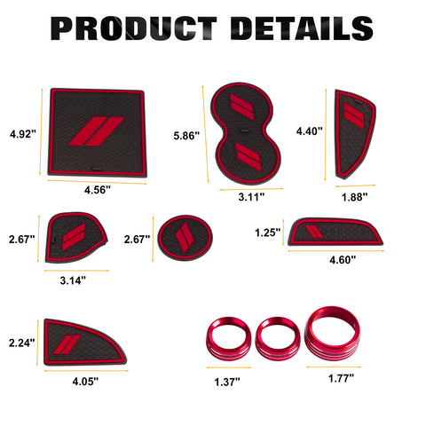 Car Anti-dust Mats Cup Holder Inserts, Door Pocket Center Console Liners Mat Custom Fits + Climate Control Knob Covers Accessories Compatible With Dodge Challenger 2015-2023 (Red, 14pcs)