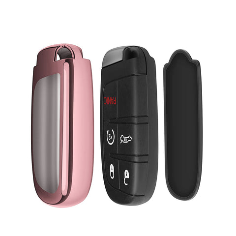 1x Glossy Rose Gold TPU SmartKey Remote Keyless FOB Case W/ Red Keychain For Jeep Dodge Chrysler