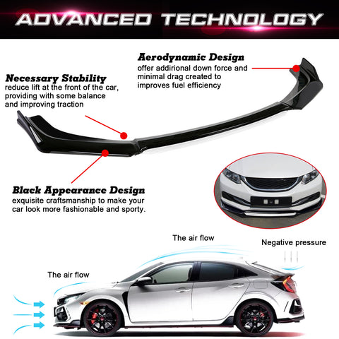 Front Bumper Lip Chin Spoiler+ 2.2M Side Skirt Winglets Diffusers+ Adjustable 10"-13" Support Rod Compatible with Honda Accord Civic or VW MK5 MK6 MK7 or Kia Optima, Glossy Black w/White