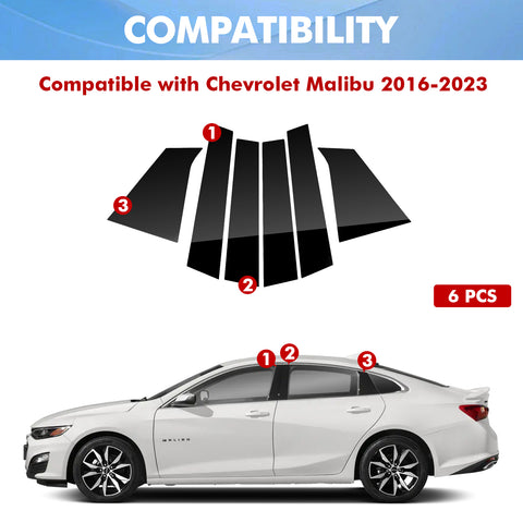 For 2016-2023 Chevrolet Malibu 6PCS Black Pillar Posts Door Trim Piano Cover Kit