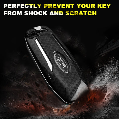 Xotic Tech Glossy Black Carbon Fiber Pattern ABS Key Fob Shell Cover w/Keychain, Compatible with Ford ,Lincoln Smart Keyless Entry Key