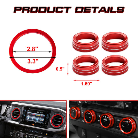 Red Air Vent Outlet + AC Climate Control Ring Cover For Toyota Tacoma 2016-2023