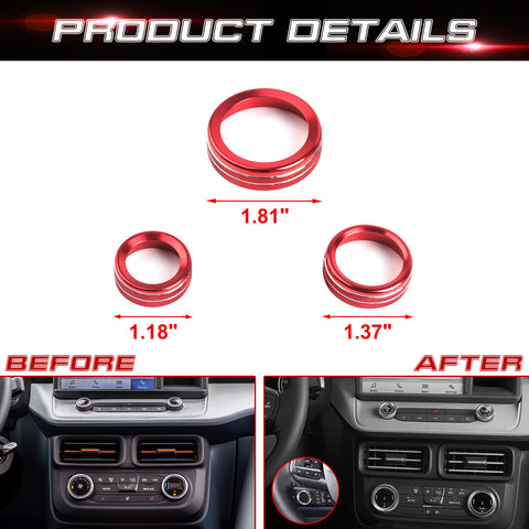 Air Conditioner Headlight Switch Knob, Headlight Volume Radio Control Knob Ring Cover, Compatible with Ford Maverick 2022 2023 (Aluminum Alloy, Red) -5PCS